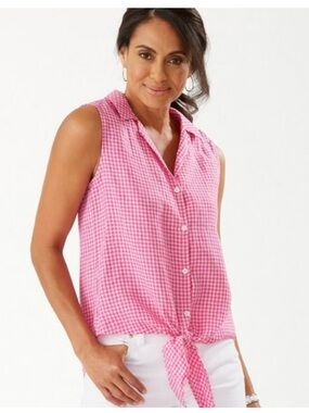 Tommy Bahama Pink Gingham Way Linen Sleeveless Button-Front Tie Camp Shirt Small